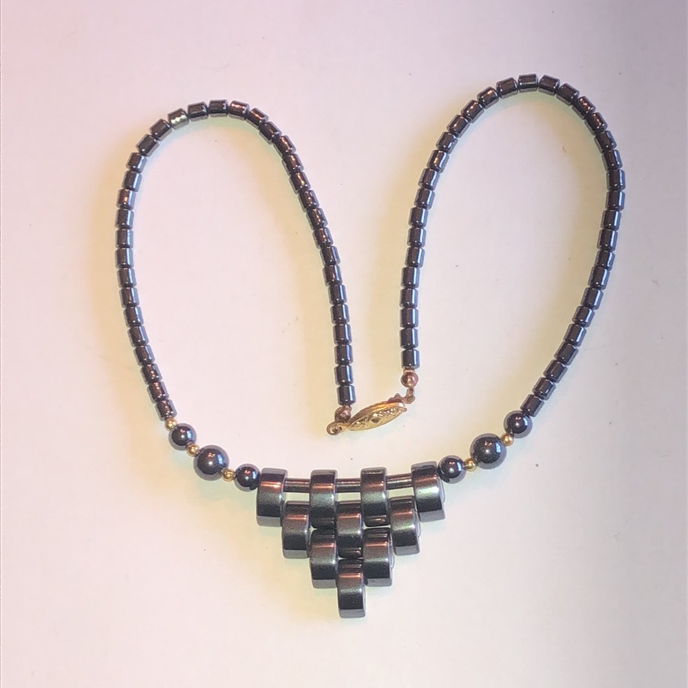 Hematite Pyramid Gold Tone Beaded Boho Necklace